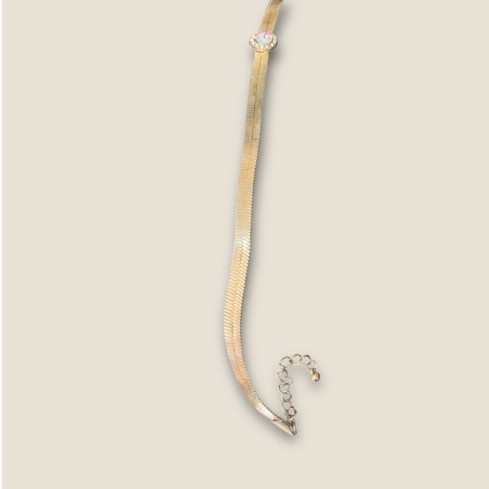 Retro 80s Herringbone Necklace With Rhinestone Accent Adjustable 14-16 Inches - Picture 4 of 6